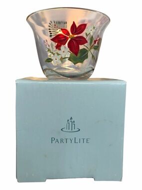 NIB PartyLite P8254 Poinsettia Glass Votive Holder Hand-Painted Christmas w Box